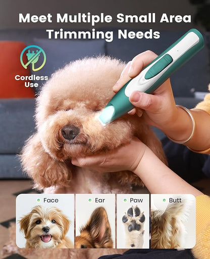 oneisall Low Noise Dog Paw Trimmer with LED Light, Paw Trimmer for Dogs 0.8inch/20mm Widen Blade, 35dB Cordless Electric Pet Paw Grooming Clippers for Paws, Ears, Face, Rump (Green)