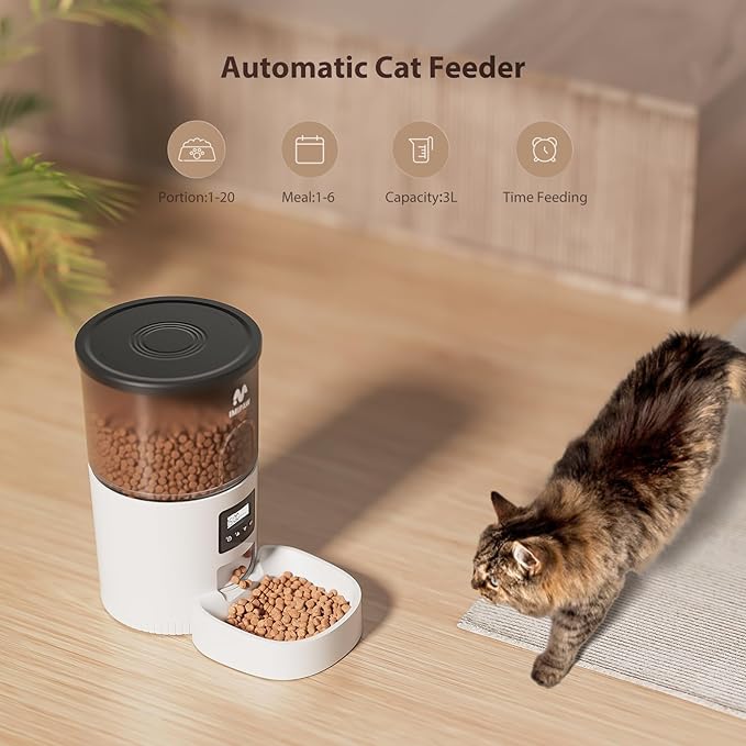 IMIPAW Automatic Cat Feeders, 3L Timed Cat Dry Food Dispenser with Desiccant Bags, Dual Power Supply, Programmable Portion Size, 6 Meals, 20 Portions Per Day, Auto Pet Feeder for Cats and Small Dogs