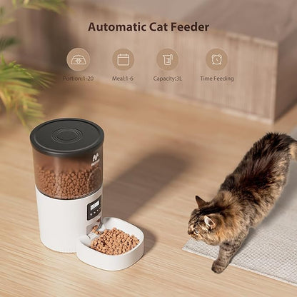 IMIPAW Automatic Cat Feeders, 3L Timed Cat Dry Food Dispenser with Desiccant Bags, Dual Power Supply, Programmable Portion Size, 6 Meals, 20 Portions Per Day, Auto Pet Feeder for Cats and Small Dogs