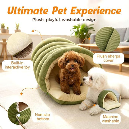 Cat Dog Cave Bed, 2026 New Winter Cave for Dog and Cat, Warm Plush Covered Cat House with Removable Cushion, Soft Sleeping Bed for Indoor Cats (Green, Large)