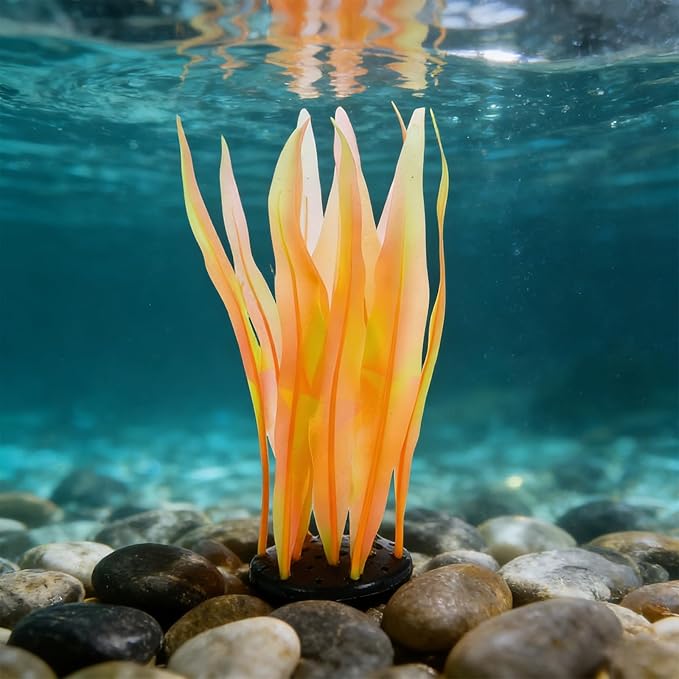 Aquarium Decoration, 7" Plastic Fish Tank Plants Artificial Silicone Glowing Kelp Aquarium Plants Ornament, (Orange, 1 Pcs), Intended for Tall Fish Tank Decor/Landscaping
