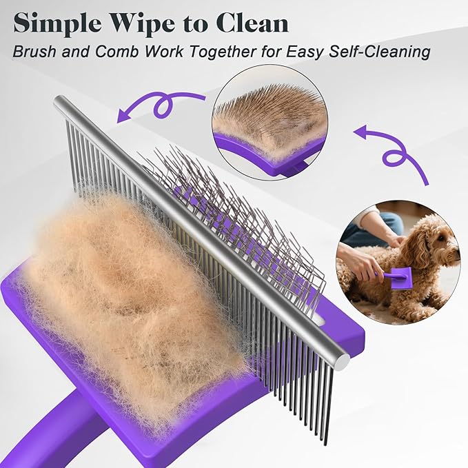 2PCS Slicker Brush for Dogs & Pet Comb,Professional Dog Grooming Brush (Goldendoodles,Poodles,Labradoodles) with Extra Long Pins to Effectively Remove Tangles, Knots and Mats (Purple, Large)
