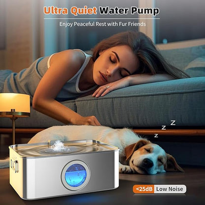 12L/3.2Gal Dog Water Fountain Stainless Steel with Silicone Mat & 3 Set Filters, DYSJ01 Dog Fountain Water Bowl for Large Dogs Cats & Multi-Pet Home with Water Level Window & LED Indicator
