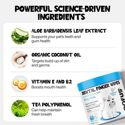 Dog Teeth Cleaning Wipes 60 Packs - Dental Wipes to Reduce Plaque & Tartar for Dogs & Cats - Mint Pet Dental Wipes for Oral Freshness - Dog Tooth Brushing Kit Dental Wipes