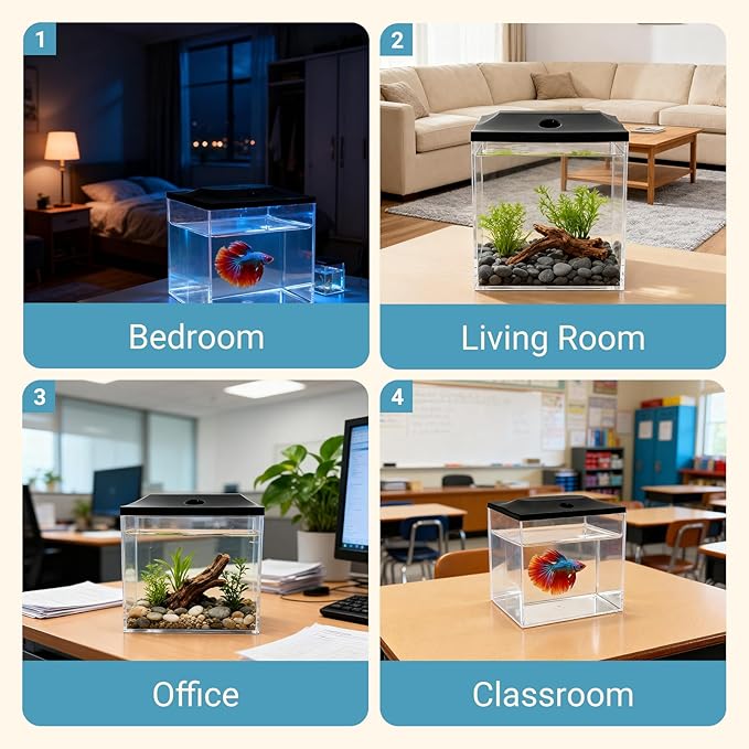 SW PRODUCTS 0.8-Gallon Cube Fish Bowl, Shatterproof Plastic Fish Bowl with LED Lighting, Temporary Fish Tank for Isolation, Decoration & Education