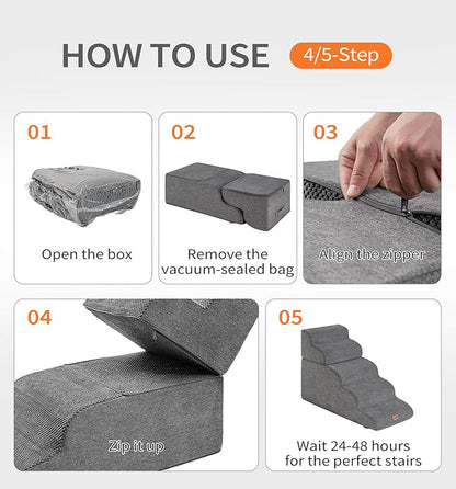 Made4Pets Dog Stairs Ramp for High Bed 22.8" H, 5-Step Pet Stairs for Bed Couch Sofa Climbing, 35D Foam Pet Steps for Small Dogs and Cats, Non-Slip Bottom Dog Steps, Grey