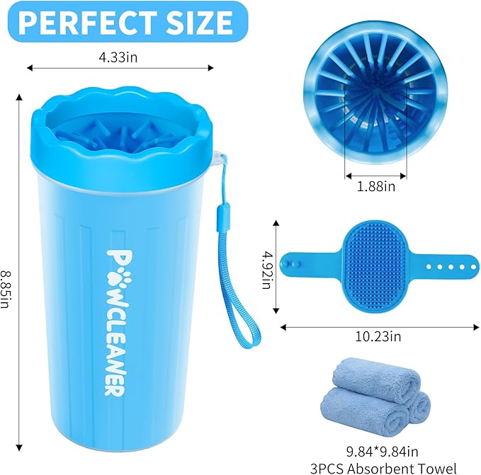 Professional 7 in 1 Dog Paw Cleaner for Dogs & Cats - Includes 1 Portable Paw Washer, 1 Bath Brush, 2 Dog Toothbrushes and 3 Absorbent Towels Note: Fits Paws 2.5 to 3.5 Inches Wide (Large, Blue)