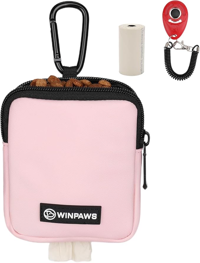 Dog Treat Pouch with Training Clicker,Waterproof Nylon Fabric Poop Bag Holders for Leashes,Hands Free Small Dog Walking Bag with Carabiner, Pet Puppy Training Walking Essentials (Pink)