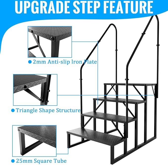 RV Step Stool, 4 Step Ladder, Hot Tub Steps with Handrail, Portable Pool Ladder, 660Lbs Heavy Duty Ladder Shelf Outdoor Mobile Home Stairs for Camper/Porch/SPA Pool/Pet Stairs(2 handrails)