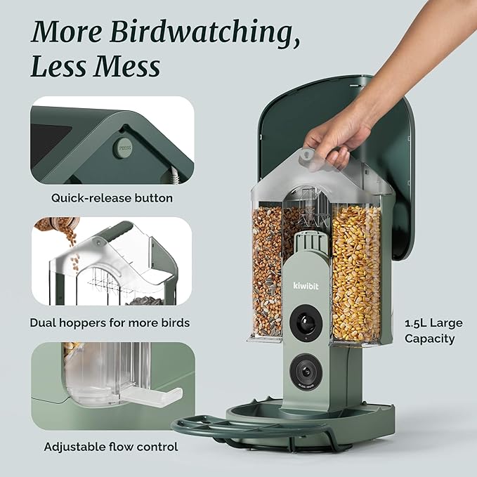 Kiwibit Beako™ Smart Bird Feeder with 4K Camera 4.4W Solar Roof for Outdoors - Ultra HD Live Stream & Photos, 10,000+ Bird Species AI-Identified, Real-Time Motion Detection, Easy Setup, Refill & Clean