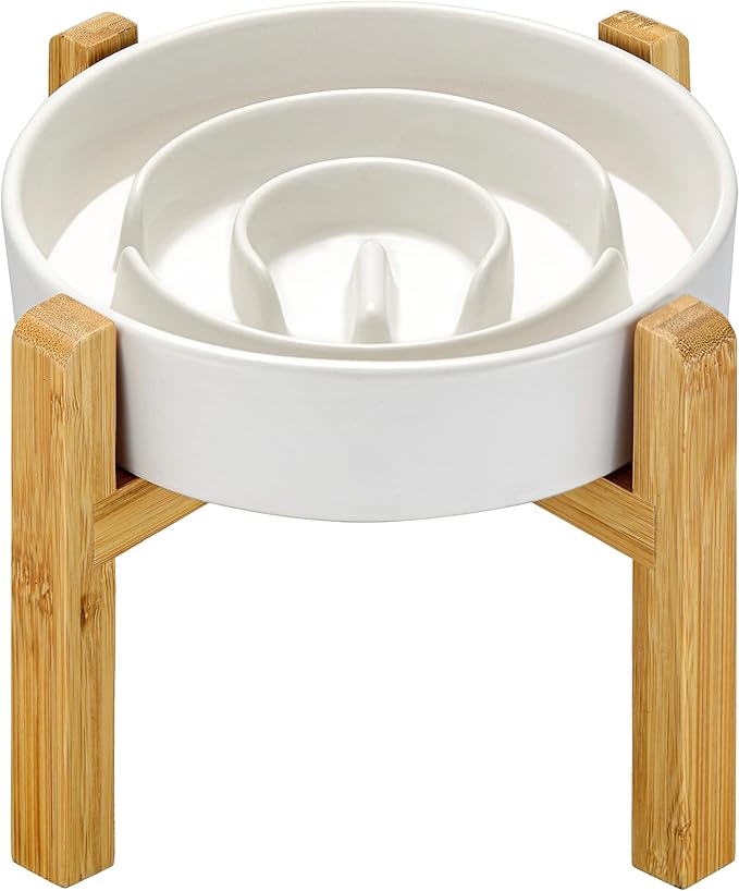 Ceramic Slow Feeder Dog Bowls Elevated, 2.0 Cups Slow Feeder for Medium and Large Dogs, Puzzle Maze Bowl to Slow Down Eating, 30oz, 8in, White