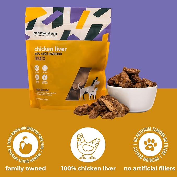 Momentum Carnivore Nutrition Freeze-Dried Chicken Liver Dog Treats & Cat Treats – Single-Ingredient, High-Protein, Grain-Free, Naturally Flavorful – Made in USA – 3.5 oz Bag