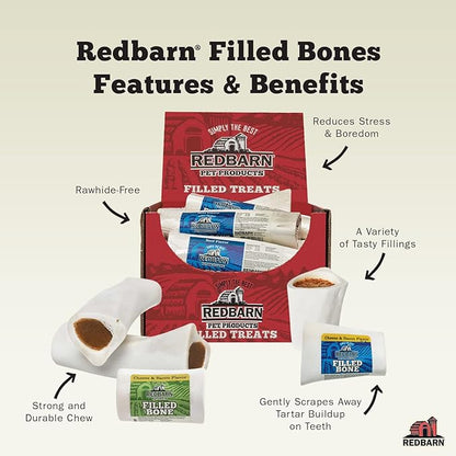 Redbarn Pet Products Large Filled Dog Bones, Cheese & Bacon Flavor - Long Lasting Stuffed Femur Chew Treat Made in USA - 4 Count - Packaging May Vary