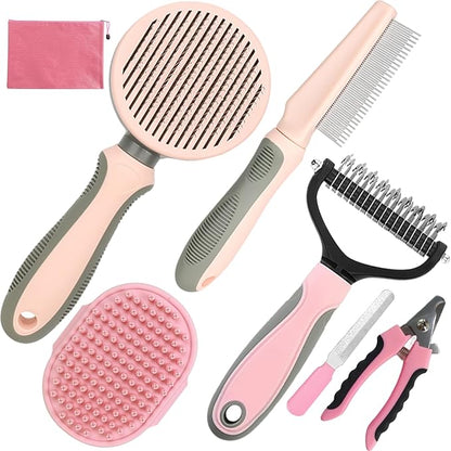 Pet Grooming Kit - 7 PCS Deshedding Brush Set with Slicker, Undercoat Rake, Bath Brush & Nail Clipper for Short & Long Haired Dogs, Cats (Pink)