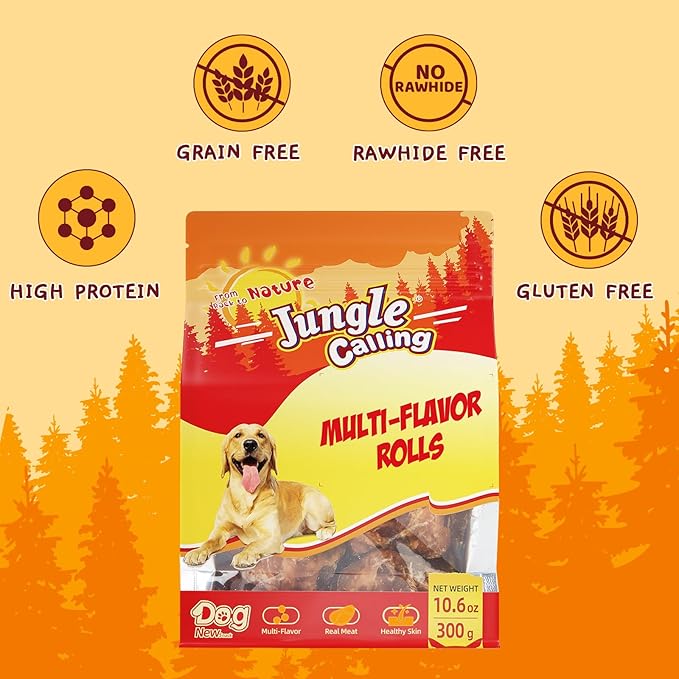 Jungle Calling Multi Flavor Rolls Dog Treats, Made with Real Chicken Duck Beef Meat, Peanut Butter Flavor Rawhide-Free Dog Snacks, Health Skin and High Protein Dog Treat, 10.6 oz