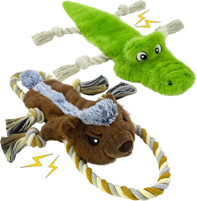Interactive Dog Toys,No Stuffing Squeak Dog Toy for Large Dogs.Plush Dog Toy for Puppy, Small, Medium, Large Dog,Not for Aggressive Chewers(Rope Crocodile&Honey Badger)