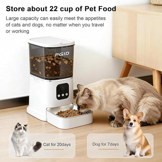 PGID Automatic Cat Feeder, 2.4G WiFi Automatic Dog Food Dispenser，Auto Dog Feeder with APP Control, 5L Timed Auto Cats Food Dispenser w 2-Way Audio for Multiple Pet