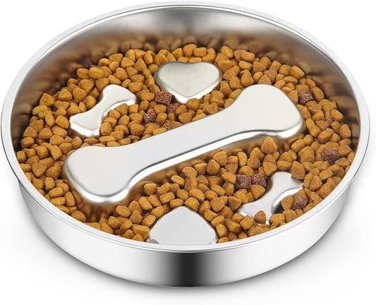 Slow Feeder Dog Bowls，8.2-inch Diameter Dog Slow Feeder Bowl，304 Stainless Steel Heavy Duty with Non-Slip Rubber Base，4Cups Capacity for Medium & Large Dogs to Slow Down Eating