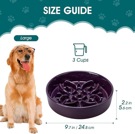 vancasso Ceramic Slow Feeder Dog Bowls, Puzzle Dog Food Bowls with Floral Maze, Anti -Slip Pet Food Dish for Large Breed, 3 Cups, Purple