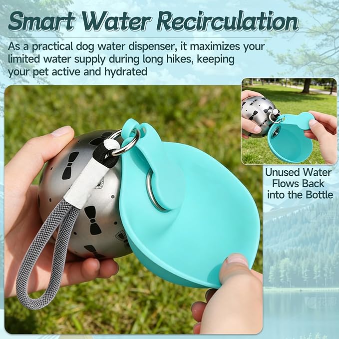 Foldable Pet Water Bottle for Travel, Reliable Dog Walking Accessories, Portable Dog Water Bowl. Leak Proof 2-in-1 Stainless Steel Dispenser, Compact Puppy Hydration Cup, Outdoor Hiking Gear