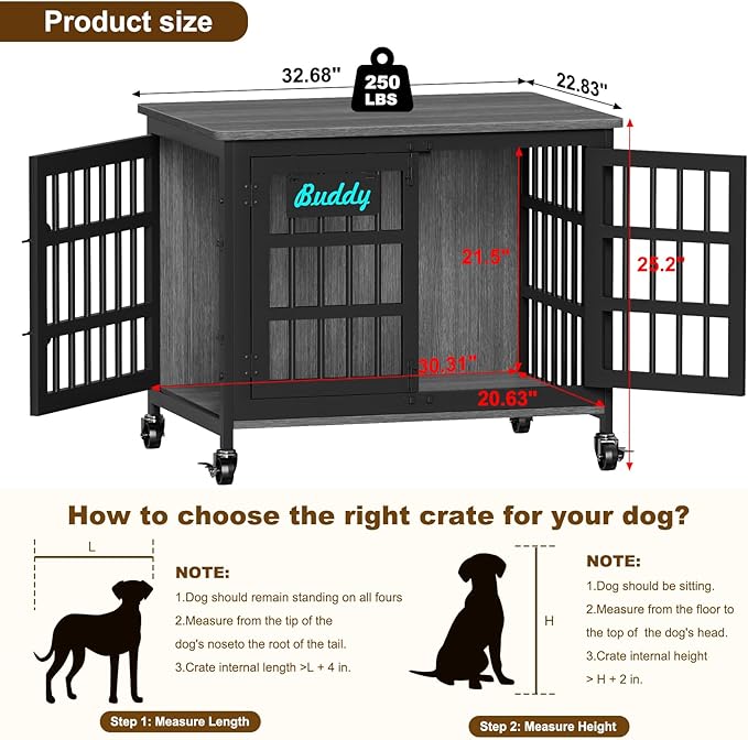 EasyCom 33"/27" Dog Crate Furniture with Name Tag, Heavy Duty Dog Kennel Indoor for Medium and Small Dogs, Double-Doors Sturdy Metal Dog Cage, Decorate House as TV Stand, End Table, Bedside Table