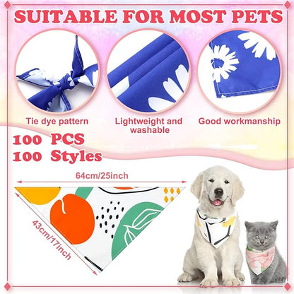 Huhumy 100 Pcs Boho Dog Bandanas Bulk Pet Bibs Colorful Triangle Scarf Boho Pet Bandanas for Medium Large Dogs Spring Summer Birthday Costume Decoration