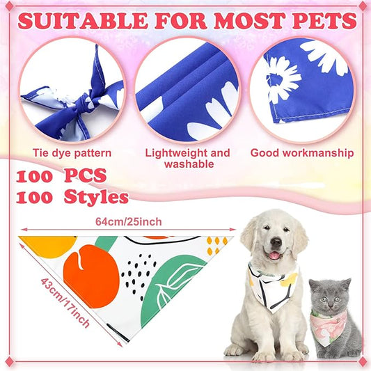 Huhumy 100 Pcs Boho Dog Bandanas Bulk Pet Bibs Colorful Triangle Scarf Boho Pet Bandanas for Medium Large Dogs Spring Summer Birthday Costume Decoration