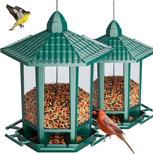 Birdream 2 Pack Bird Feeders for Outdoor Hanging, Retro Pagoda Design Fun Installation Bird Feeder, Attracting Wild Birds Chickadees Goldfinches Cardinals Finches and Sparrows - Green