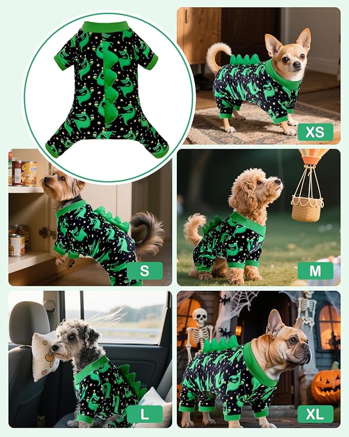 CuteBone Dinosaur Costume Dog Pajamas, Stretchy Spandex Crystal Velvet Sleepwear Coat for Small Dogs, Soft & Warm Pet Outfit Clothes for Cold Weather, Cozy Pullover Design COSP14S