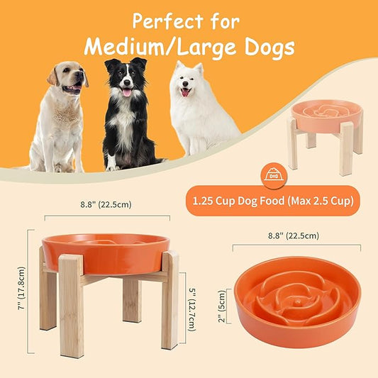 Elevated Slow Feeder Dog Bowl - Puzzle Maze Dish with Bamboo Stand - Raised Ceramic Food Bowl for Medium and Large Dogs - 8.8 Inch - Orange