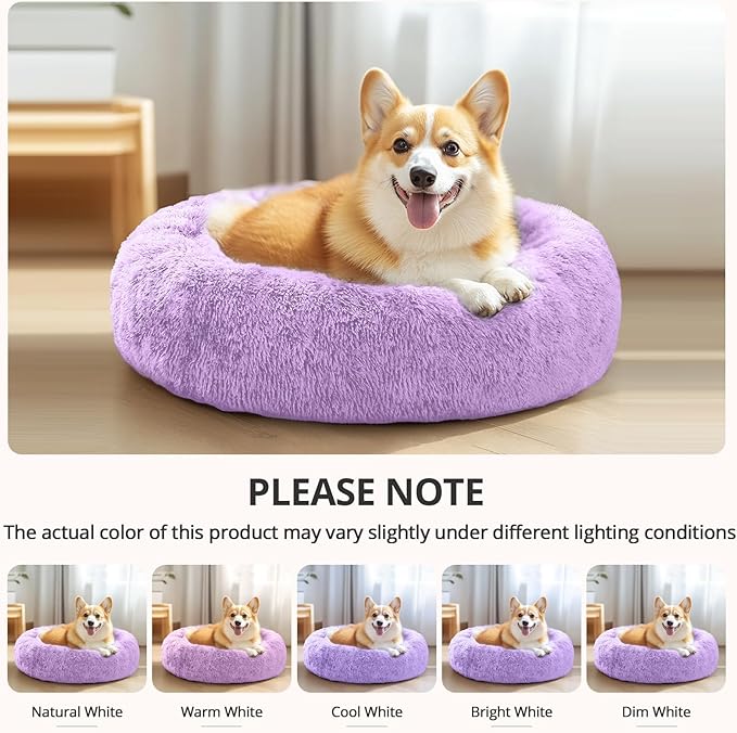 JOLLYVOGUE Small Dog & Cat Beds for Indoor Cats, Donut Cuddler Warming Soft Dog Beds with Anti-Slip Bottom, Round Calming Fluffy Plush Faux Fur Cushion Bed for Medium Dogs (31", Purple)
