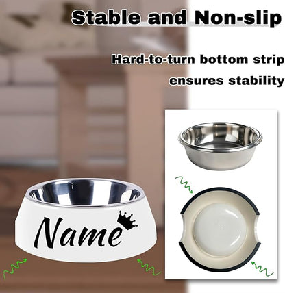 Personalized Stainless Steel Dog & Cat Food/Water Bowls – Custom Pet Name, Non-Slip, Easy Clean Feeding Dishes with Separate Plates(White)