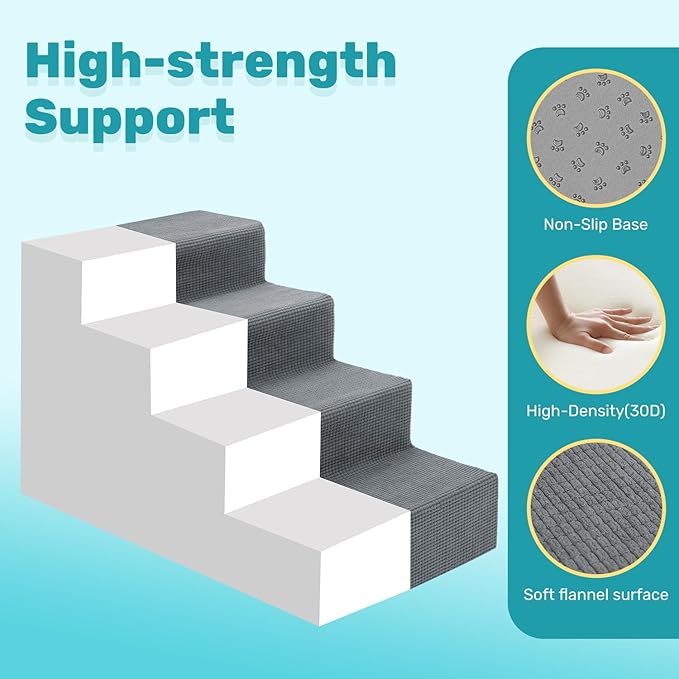 Dog Stairs for Bed, Extra Wide 4-Step Dog Steps for High Bed, High-Density Foam Pet Stairs with Non-Slip Removable Washable Cover for Small Pets, 18" H, Grey