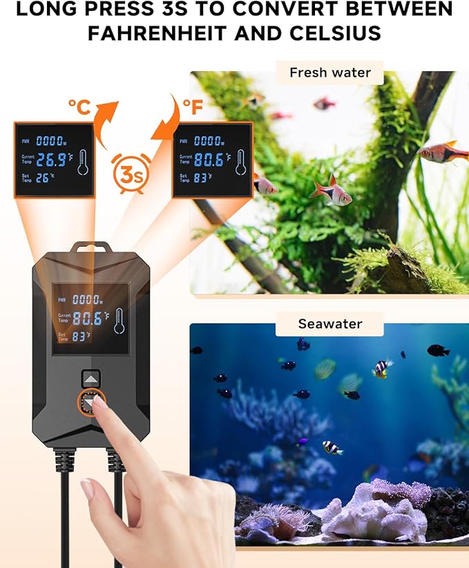 AQQA Aquarium Heater 800W/1000W/1200W/1400W Fish Tank Heater with LED Digital Display 110-120V Submersible No Pond Heaters with Overheat & Dry-Out Protection for Freshwater & Saltwater Tanks (1200W)