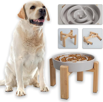 Elevated Slow Feeder Dog Bowl - Puzzle Maze Dish with Bamboo Stand - Raised Ceramic Food Bowl for Medium and Large Dogs - Grey - 8.8 inch