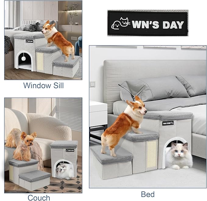 Dog Stairs for Bed Couch Folding with Storage, Dog Stairs for Small Dogs to Get On Bed with Cat Condo, Steps for Large Medium Dogs, Old Cat Pet Stair Steps for High Beds 17.2" H, Pet Ramp Up to 220LBS