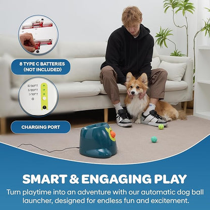 Automatic Small Dog Ball Launcher - Remote Control Interactive Fetch Machine Thrower for Small and Medium Sized Dogs with 6 High-Bounce Washable Latex Balls, Training Clicker, and Whistle – Blue