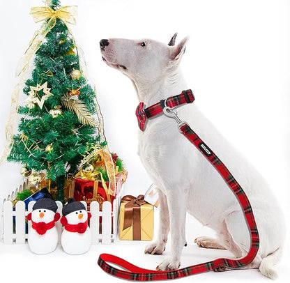 azuza Christmas Buffalo Dog Collar and Leash Set, Classic Plaid Collar with Removable Bowtie and Matching Leash for Small Dogs