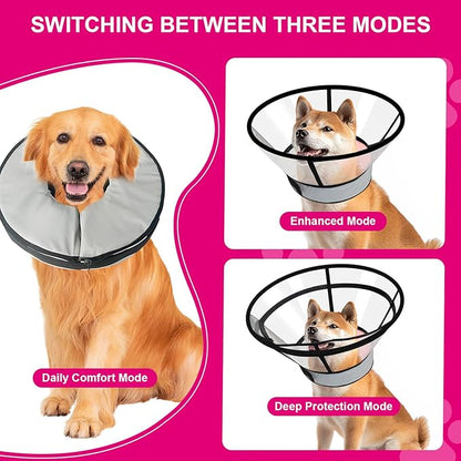 Sponge Core Dog Cat Cone Collar for After Surgery Recovery, Inflatable Dog Cone Alternative, Lainergie Dogs Donut Collar Adjustable with 2PCS Cover for Large Medium Small Dogs Cats (Grey+Pink, XXL)