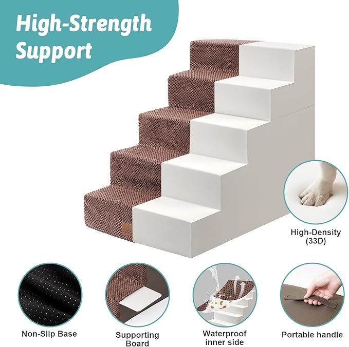 Dog Stairs for Small Dogs, 5 Tier Removable Wider Pet Stairs for Couch and Bed, 23.6" H Non-Slip Dog Steps for Puppies and Old Cats with Support Board, 19.7x29.5x23.6 inch, Brown