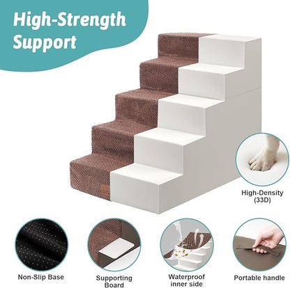 Dog Stairs for Small Dogs, 5 Tier Removable Wider Pet Stairs for Couch and Bed, 23.6" H Non-Slip Dog Steps for Puppies and Old Cats with Support Board, 19.7x29.5x23.6 inch, Brown