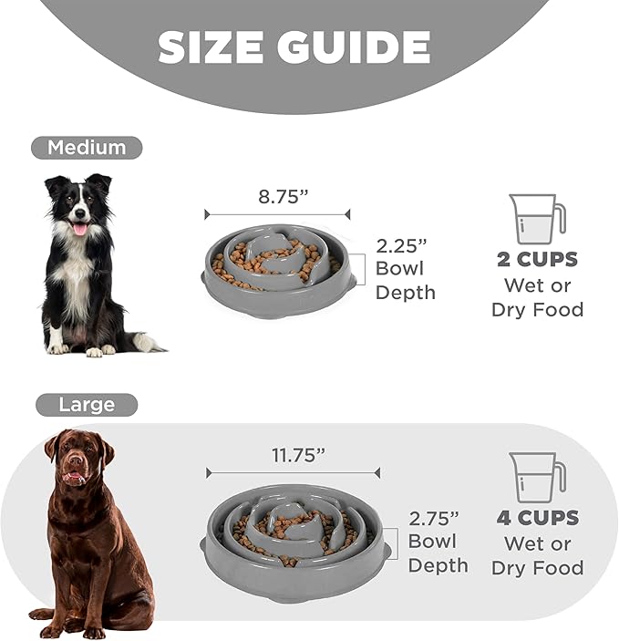 Outward Hound Large Slow Feeder Bowl, Puzzle Maze for Fast Eaters, Medium to Large Dogs, Helps Prevent Bloat & Aid Digestion, Holds 4 Cups Wet or Dry Food, Non-Slip, Made Without BPA, Gray