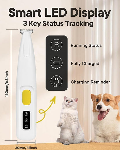 Upgraded Dog Paw Trimmer with LED Light, 18 mm Widen Blade, 35 dB Low Noise, LED Display, Fully Waterproof, Rechargeable Clipper for Dogs Cats Trimming Paws, Eyes, Ears, Face, and Rump