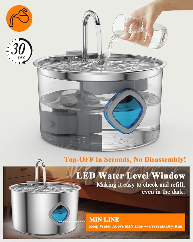 Cat Water Fountain Stainless Steel, 3.2L/108oz Automatic Pet Drinking Dispenser with Faucet & Flower Mode, Electric Metal Water Bowl for Indoor Cats S/M Dogs Pets, Quiet Waterer w/ 8 Filters & Sponges