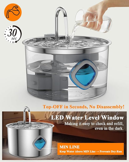 Cat Water Fountain Stainless Steel, 3.2L/108oz Automatic Pet Drinking Dispenser with Faucet & Flower Mode, Electric Metal Water Bowl for Indoor Cats S/M Dogs Pets, Quiet Waterer w/ 8 Filters & Sponges