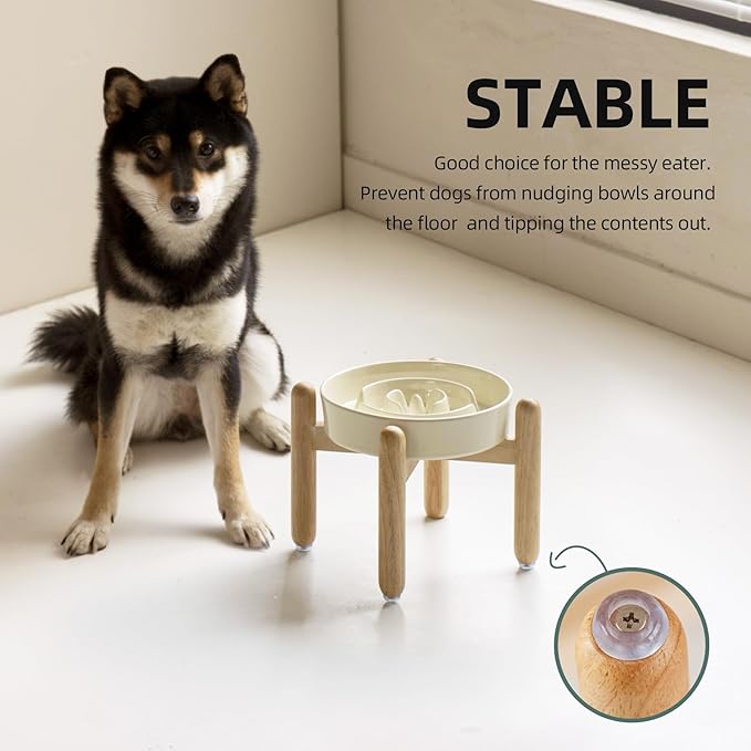 Ceramic 1.2 Cup Raised Slow Feeder Dog Bowl Set, Elevated Wooden Stand for Medium and Small Dog, 7.3inch Puzzle Slow Dish, Anti-Gulping(Beige, Single Bowl+ Stand)