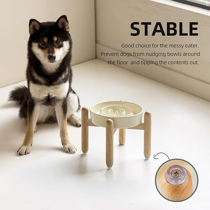 Ceramic 1.2 Cup Raised Slow Feeder Dog Bowl Set, Elevated Wooden Stand for Medium and Small Dog, 7.3inch Puzzle Slow Dish, Anti-Gulping(Beige, Single Bowl+ Stand)