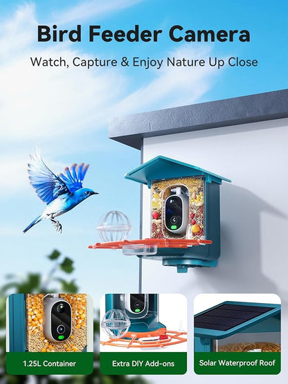 outinput 2.5K Smart Bird Feeder with Camera Solar Powered, AI Bird Species Identification, Squirrel Proof, Real-Time Video Notifications, Weatherproof, Ideal Gift for Family and BirdLovers, Navy Blue