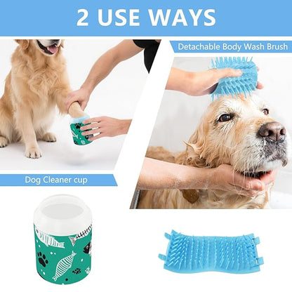 Dog Paw Cleaner Cups for Dogs Pet Foot Washer Paw Scrubber for Medium Small Dogs Cats Cleaning Cup Green Paw Prints and Fish