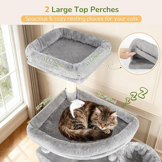 Globlazer Extra Large Cat Tree Tower, 82in Tall Heavy Duty Cat Tree for Indoor Cats Large Adult Big Cat Tower with 8 Scratching Posts, 2 Cat Condos, 2 Top Perches, 3 Hanging Baskets, S82, Light Grey